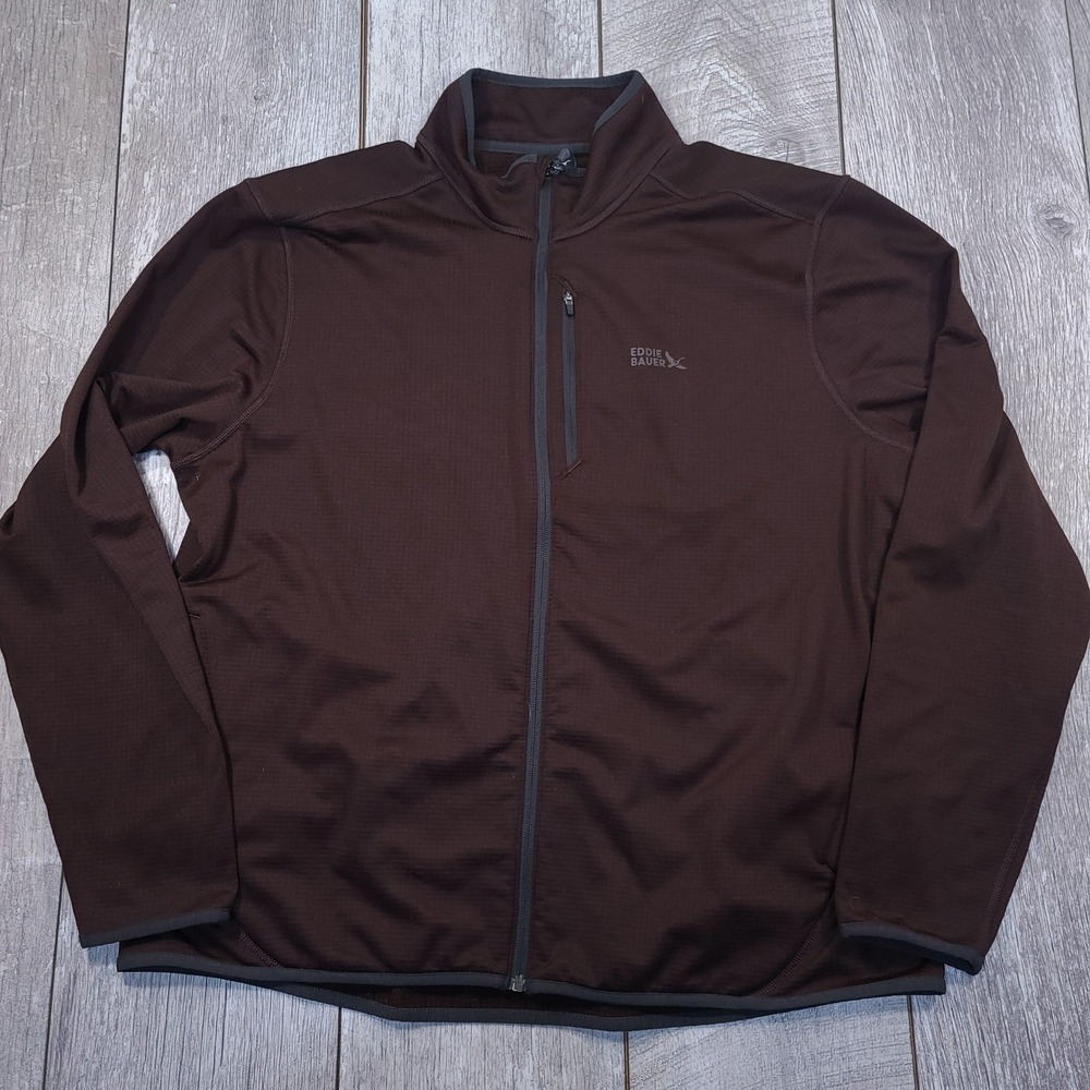 Eddie Bauer Grid Fleece Jacket Mens Size XL Brown Full Zip Mock Neck Pockets